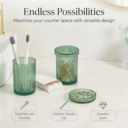 New Hensoar 3 Pcs Green Bathroom Accessories Set, Glass Bathroom Set | Bathroom Soap Dispenser, Toothbrush Holder Set, Jewelry Tray, Crystal Modern Bathroom Decor, Housewarming Gift Set - style: 3 pcsGreen