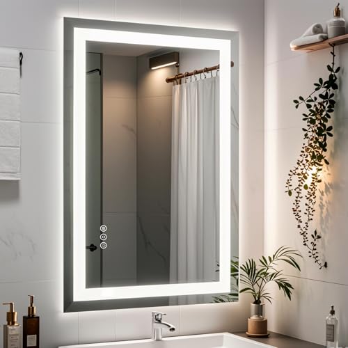 40x26 LED Lighted Bathroom Mirror for Vanity Wall | Front Light and Backlit, Anti-Fog, Memory, 3 Color, Tempered Glass, Dimmable, Rectangular, UL, Horizontal/ Vertical Mounted - color: Rectangular Led Bathroom Mirror, size: 40"L x 26"W