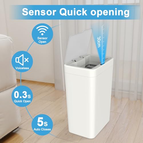 Naisu 2 Pack 4 Gal Bathroom Trash Can with Lid,Automatic Garbage Can with Touchless and Sealed Design,Slim Motion Sensor Waterproof Plastic Trash Bin Suitable for Bedrooms,Bathrooms,Kitchens,(White - color: White