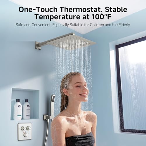 SR SUN RISE 100℉ Brushed Brushed Nickel Shower System,12 Inch | Luxury Rainfall Shower Head,High-Pressure Handheld Shower,Soild Brass,Wall Mount,Valve and Trim Kit Included - color: Brushed Nickel, style: 12"