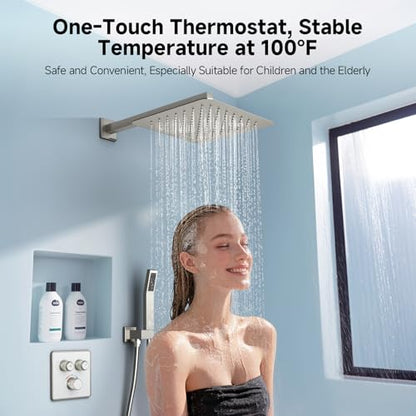SR SUN RISE 100℉ Brushed Brushed Nickel Shower System,12 Inch | Luxury Rainfall Shower Head,High-Pressure Handheld Shower,Soild Brass,Wall Mount,Valve and Trim Kit Included - color: Brushed Nickel, style: 12"