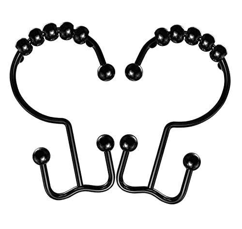 Double Glide Roller Shower Curtain Hooks Rings, Black | 1Rust Proof Stainless Steel, Curtain Hooks Rings for Bathroom Shower Rods Curtains and Liners, Easy Glide Rollers - color: Black