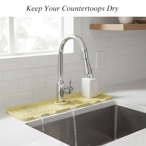 Silicone Faucet Splash Guard Mat for Kitchen & Bathroom Sinks, Flexible Water Drainage Tray with Slots, 13 x 3.35 Inches - color: Yellow