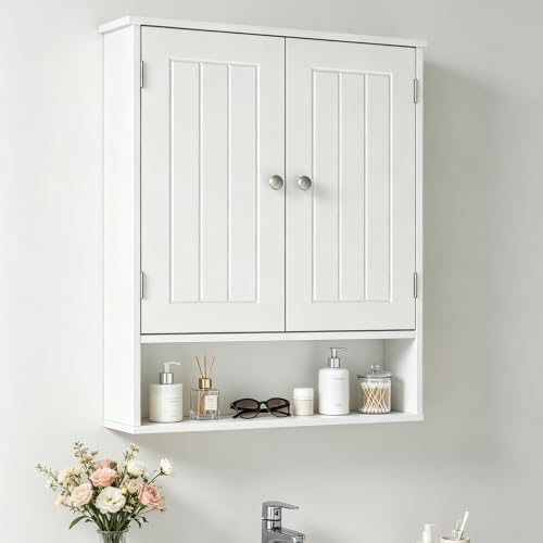 Bathroom Wall Cabinet, Over Toilet Storage Medicine Cabinet with 2 Doors and Adjustable Shelf, Small Above Toilet Bathroom Cabinet with Open Shelf (White, 4)