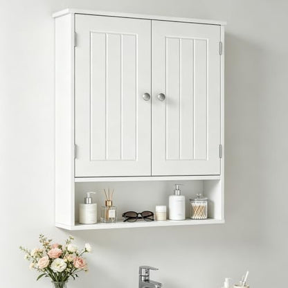 Bathroom Wall Cabinet, Over Toilet Storage Medicine Cabinet with 2 Doors and Adjustable Shelf, Small Above Toilet Bathroom Cabinet with Open Shelf (White, 4)