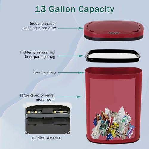 PayLessHere 13 Gallon Kitchen Trash Can Automatic Garbage Can with Lid 50 Liter Touch Free High-Capacity Brushed Stainless Steel Waste Bin for Bathroom Bedroom Home Office (Red) - color: Red