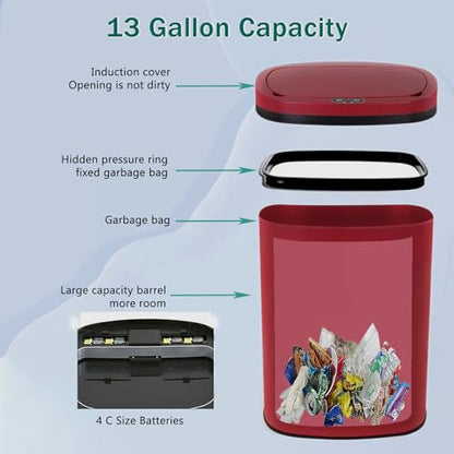 PayLessHere 13 Gallon Kitchen Trash Can Automatic Garbage Can with Lid 50 Liter Touch Free High-Capacity Brushed Stainless Steel Waste Bin for Bathroom Bedroom Home Office (Red) - color: Red
