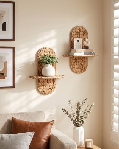 Coeusy Set of 2 Wicker Plant Wall Shelf, Boho Wall Decor, Wall Plant Holder | Water Hyacinth, Hand-Woven Wall Planter, Floating Shelves for Home, Bathroom, Bedroom, Living Room, Office, Corner, Natural