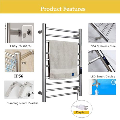 Heated Towel Rack Plug-in,Free Standing & Wall Mounted Dryer Rack Stainless Steel,Radiator 10 Bars Hot Towel Warmer with Built-in Timer,Silver - color: Silver