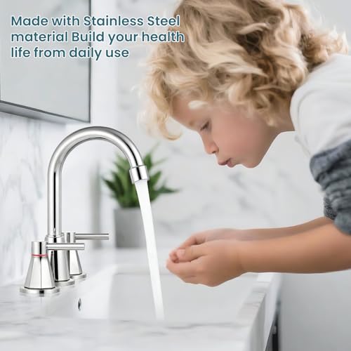 8 Inch Bathroom Faucet 3 Hole Chrome 2 Handle Bathroom Sink Faucet | Stainless Steel,360° Swivel Spout,Widespread 2 Handle Design,Includes Pop-Up Drain and Water Supply Lines,Chrome - color: Chrome