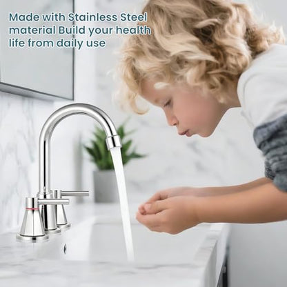 8 Inch Bathroom Faucet 3 Hole Chrome 2 Handle Bathroom Sink Faucet | Stainless Steel,360° Swivel Spout,Widespread 2 Handle Design,Includes Pop-Up Drain and Water Supply Lines,Chrome - color: Chrome