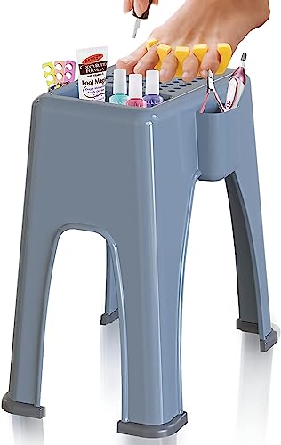 Skywin Extra Tall Shower Foot Rest with 3 Pockets to Hold Shaving Essentials 10 x 7.8 x 13 Inches - Extra Heighted Plastic Pedicure Foot Rest - Shower Stool for Shaving Legs (Grey) - color: Grey