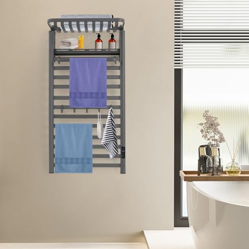 Electric Towel Warmer Rack, 12-Bar Wall Mounted Heated Towel Rack with Smart Touch Screen & Timer, IPX4 Waterproof Aluminum for Bathroom, Plug-in/Hardwired, Grey