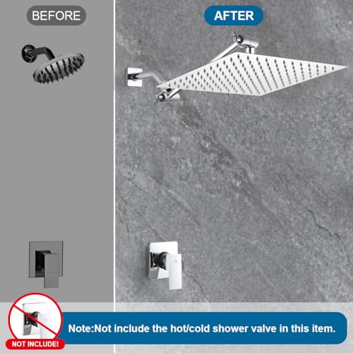 12 Inch Shower Head with Adjustable Extension Arm, Stainless Steel Rainfall Showerhead with Shower Arm Extender, Waterfall fixed Showerheads, Chrome