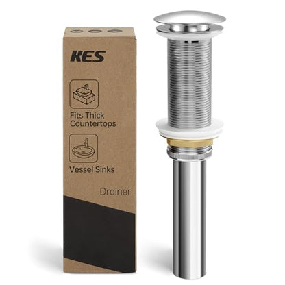 KES Polished Chrome Bathroom Sink Drain with Extended Thread, All Metal Pop Up Drain Stopper without Overflow for Thicker Vessel Sinks and Countertops, Brass and Stainless Steel, S2022D-CH - color: Polished Chrome, style: NO Overflow, Long Thread
