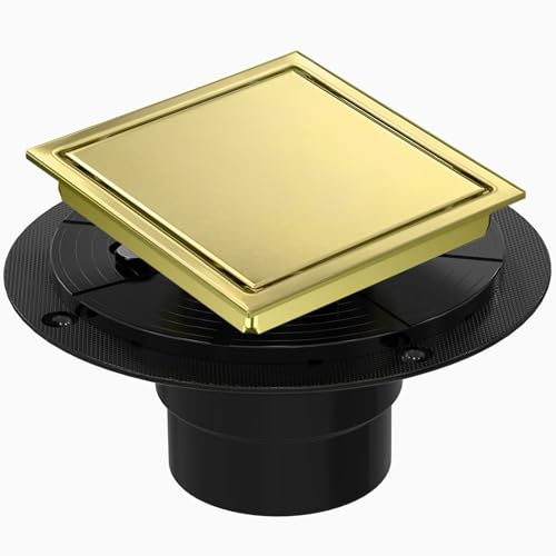 4 Inch Square Shower Floor Drain, Shower Drain Kit with Flange and 2 in 1 Tile-Insert Cover, Square Shower Drain, SUS 304 Stainless Steel Floor Drain,Brushed Gold - color: Brushed Gold, size: 4 Inch