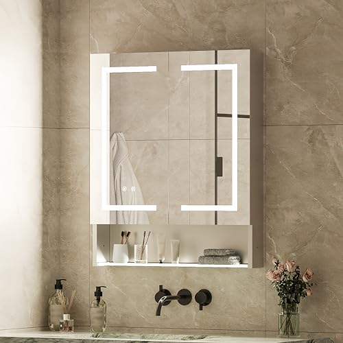 Lighted Medicine Cabinet with Double-Sided LED Mirror, Aluminum Bathroom Mirror Cabinet with Storage, Dimmable 3 Color, Anti-Fog, USB&Outlet, Pre-Assembled for Easy Installation, 28" W x 34" H - size: 28"Wx34"H Double Door