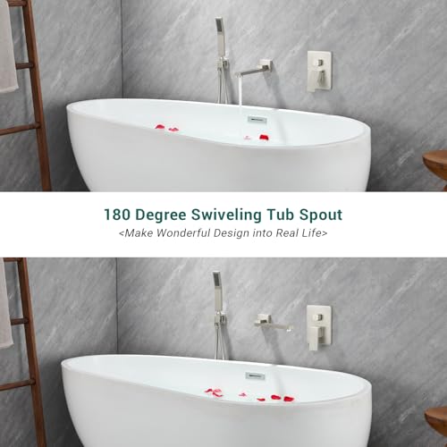 DASAN Swiveling Wall Mount Tub Filler Faucet Set with Hand Held Shower, Brushed Nickel Modern Creative Bathtub Faucet Wall Mounted Bath Tub Faucet with High Flow Rough in Valve, SA-TF05WH-BN - color: Brushed Nickel