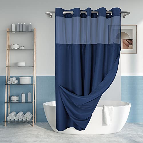 River Dream Extra Long No Hook Shower Curtain with Snap-in Liner, Navy | 71W x 86H, Snap on/off Waterproof PEVA Liner, See Through Top Window, Slub Textured, XL Hotel Style Shower Curtain Set - color: Navy, size: 71"W x 86"L (Pack of 1)