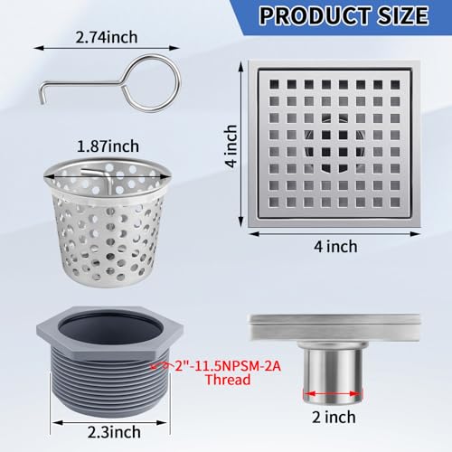 Square Shower Drain, 304 Stainless Steel 4 inch Shower Floor Bathroom Shower Drain with CUPC Certified, Brushed Nickel 4'' Square Floor Drain, for Bathroom Toilet Washroom Drain Water - size: 4 inch