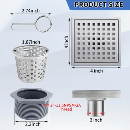 Square Shower Drain, 304 Stainless Steel 4 inch Shower Floor Bathroom Shower Drain with CUPC Certified, Brushed Nickel 4'' Square Floor Drain, for Bathroom Toilet Washroom Drain Water - size: 4 inch