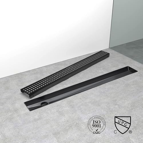 32 Inch Offset Linear Shower Drain,Black SUS304 Stainless Steel | Offset Side Outlet,Matte Black,Easy to install,ADA Barrier-Free,Tile-In Grate,Hair Catcher,Leveling Feet,Complete Install Kit - color: Matte Black, size: 32 inch