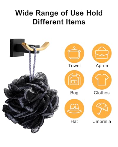 WOWOW Towel Hooks for Bathrooms Black and Gold, SUS304 Stainless Steel Coat Hook, Bathroom Robe Towel Holder, Heavy Duty Robe Hooks, Bathroom Double Towel Hooks for Coats, sponges, Wall Mount - color: Black and Gold