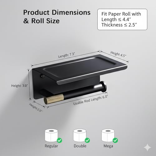 Toilet Paper Holder with Shelf, Stainless Steel PVD Black with Gold Accents | Wall Mount Toilet Tissue Roll Holder with Phone Shelf for Bathroom Storage, Solid Brass Roll Bar with Knurled Texture Detail - color: Dual Tone Black & Gold