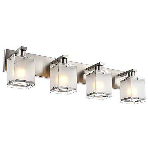 4-Lights Bathroom Light Fixtures Over Mirror, Brushed Nickel Vanity Wall Mounted Lighting with Frosted Glass for Kitchen Living Room, E26 Bulb Base - color: Brushed Nickel, Frosted Glass, size: 4-Lights