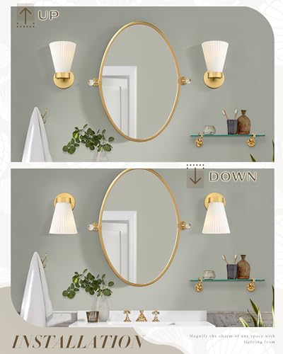 Gold Wall Sconces Set of Two, HWH Modern Bathroom Vanity Sconce Wall Lighting Indoor Wall Lamp with Frosted White Striped Glass, 5HZG97B-2PK BG - color: Brushed Gold, size: 1-Light*2