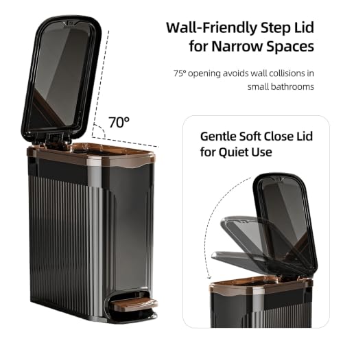 Slim Bathroom Trash Can with Lid, 10L Soft Close Step Pedal Black | Dual Open Step Pedal & Hand Press, 6.49" Ultra Narrow, Hidden Bag Holder, Odor Seal Waste Basket for Kitchen Office Bedroom