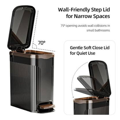 Slim Bathroom Trash Can with Lid, 10L Soft Close Step Pedal Black | Dual Open Step Pedal & Hand Press, 6.49" Ultra Narrow, Hidden Bag Holder, Odor Seal Waste Basket for Kitchen Office Bedroom