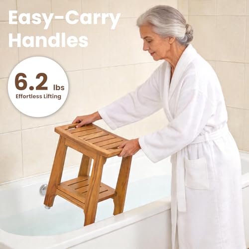 NNN 14" Compact Teak Shower Stool with Japan-Made Non-Slip Leveling Feet | US Patented Design, Marine-Grade Hardware, Pre-Oiled European Teak Oil, Ready, 300lb, for Small Baths Tubs & Outdoor Pools - size: 14"W x 10" Dx 17"H