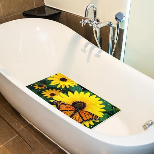 Shower Mat Non-Slip Bathtub Mats with Suction Cups and Drain Holes, Butterfly Sunflowers Design, Easy to Clean for Bathroom, 26.8x15.1In - color: Multi 7