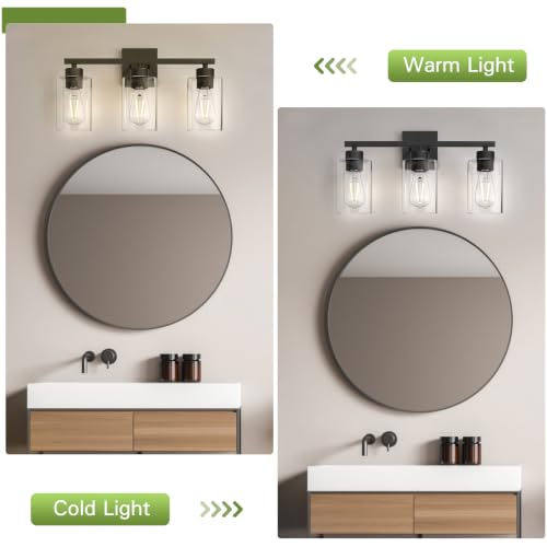 Matte Black Bathroom Vanity Light, 3-Light Vanity Lighting fixtures Over Mirror, Round Design & UL Certification, Wall Sconces with Clear Glass Shades, E26 Socket (Bulbs Not Included) - color: Black-round, size: 3 Light