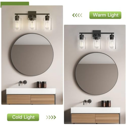 Matte Black Bathroom Vanity Light, 3-Light Vanity Lighting fixtures Over Mirror, Round Design & UL Certification, Wall Sconces with Clear Glass Shades, E26 Socket (Bulbs Not Included) - color: Black-round, size: 3 Light