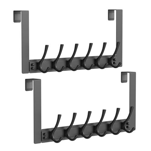 BAKON 2 Packs Over The Door Towel Rack with 6 Hooks, Heavy Duty Over Door Hooks for Hanging Clothes Coat Hat Jacket, Door Hanger Home Organizer for Bathroom Closet Bedroom Kitchen - color: Black, 2 Pack