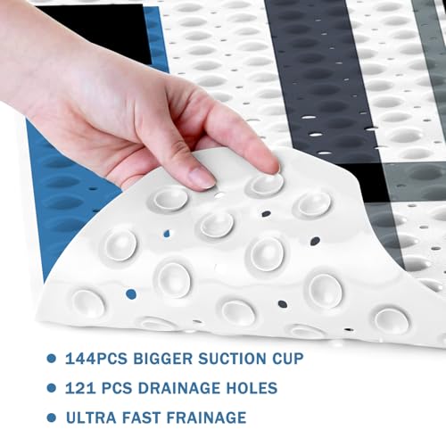 Blue Black Bath Tub Mat Non Slip, Modern Geometric Large Washable Shower Mats with Drain Holes and Suction Cups,40 X 16 Inch - color: Blue Black