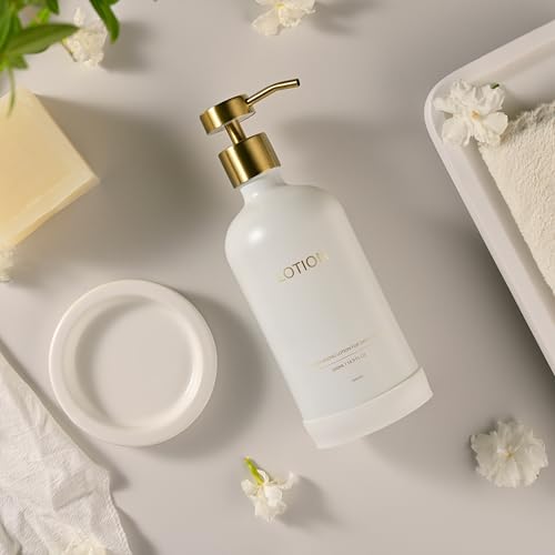 Glass Soap Dispenser Bathroom Set by Janxin, Foaming Kitchen soap Dispenser with Ceramic Tray for Dish Soap, Liquid Soap Dispenser for Hand Soap, Lotion, Body Wash (White+Gold) - color: White Gold L