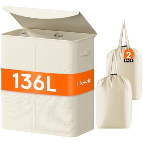 Lifewit 136L Double Laundry Hamper, 2 Sections Large Laundry Basket with Lid and Removable Bag, Divided Dirty Clothes Hamper in Bedroom Bathroom Dorm College, White