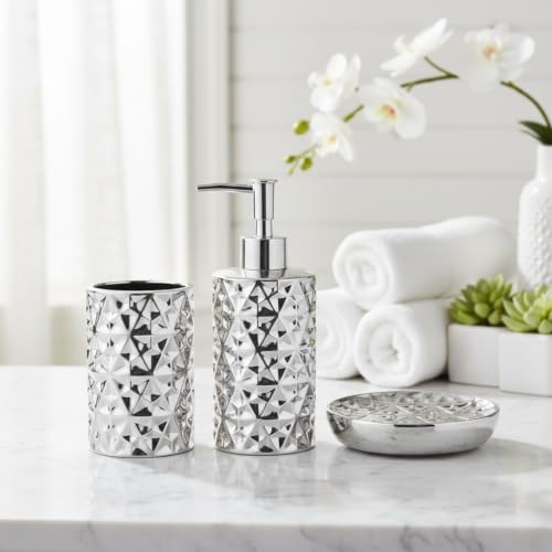 Silver Bathroom Accessories Set 3 PCS, Dispenser, Soap Dish and Vase | Diamond Ceramic Bathroom Accessory Complete Set - Lotion Dispenser, Soap Dish,Vase for Countertop Vanity - color: Silver
