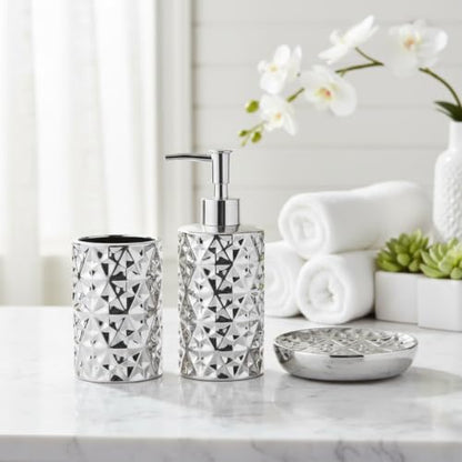 Silver Bathroom Accessories Set 3 PCS, Dispenser, Soap Dish and Vase | Diamond Ceramic Bathroom Accessory Complete Set - Lotion Dispenser, Soap Dish,Vase for Countertop Vanity - color: Silver