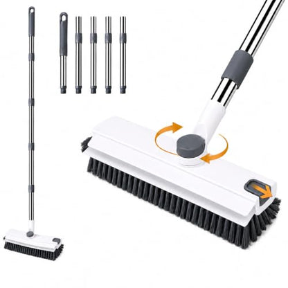 3-in-1 Floor Scrub Brush with Long Handle, Stiff Bristles & Squeegee | Stiff PP bristles, V-shaped corner brush, and silicone squeegee for shower tile, concrete, patios, and garages