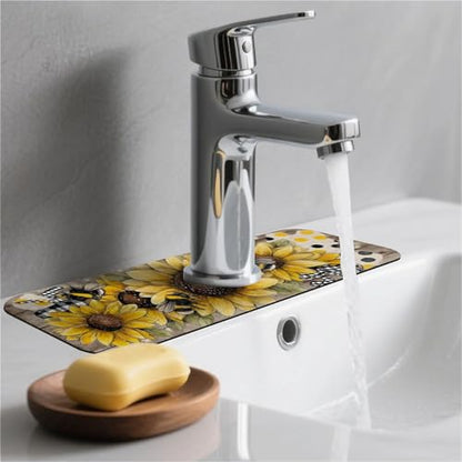 Kitchen Sink Splash Guard，Sunflower-with bumblebees Faucet Mat Sink Gadgets-Super Absorbent Fast Drying Mat Drip Catcher for Kitchen, Bathroom,Sink Mat, Dish Drying Mat, Bathroom(15" X 5.5" ) - color: Sunflower-with bumblebees