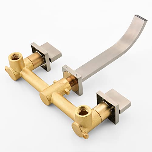 sumerain Brushed Nickel Bathroom Faucet Wall Mount Lavatory Faucet with Rough in Valve - color: Brushed Nickel