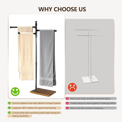 Hjarta Standing Towel Rack for Bathroom, 360° Swivel Freestanding Towel Holder with Wooden Base, 3 Rotating Arms for Bath Sheets & Pool, No-Drill Farmhouse Floor Stand for Spa, Bedroom