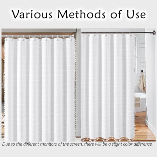 White Striped Farmhouse Shower Curtain Boho Plaid Fabric Shower Curtains for Bathroom, Country Heavy Duty Thick Bathroom Curtain Set with Tassel - Bohemian Cloth Shower Curtain with Hooks 59x71 Inch - color: White, size: 59"W x 71"L (Pack of 1)