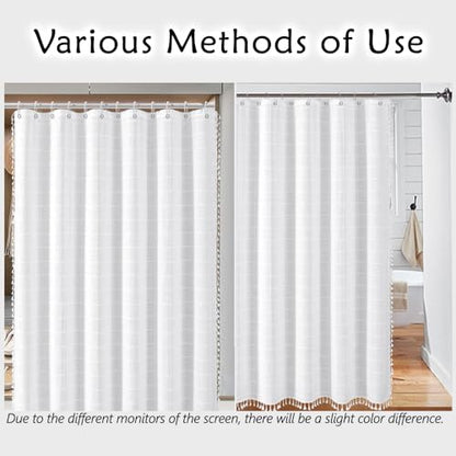 White Striped Farmhouse Shower Curtain Boho Plaid Fabric Shower Curtains for Bathroom, Country Heavy Duty Thick Bathroom Curtain Set with Tassel - Bohemian Cloth Shower Curtain with Hooks 59x71 Inch - color: White, size: 59"W x 71"L (Pack of 1)