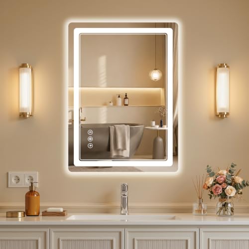 BEAUTYPEAK 22"x30" LED Bathroom Mirror with Lights, Backlit + Front Lit, Anti-Fog, Lighted Bathroom Mirror for Wall, HD Shatterproof Tempered Glass, Dimmable, Memory Function (Horizontal/Vertical) - size: 30"L x 22"W