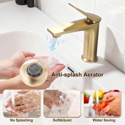 Rbrohant Single Hole Bathroom Faucet, Brushed Gold Single Handle Bathroom Sink Faucets for 1 Hole, Bathroom Vanity Faucet with Pop up Drain, Deck Mount, R2001-BG - color: Brushed Gold, style: No Escutcheon